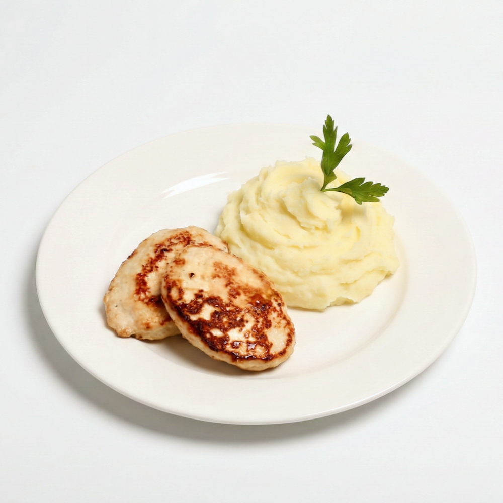 Homemade chicken patties with mashed potatoes.